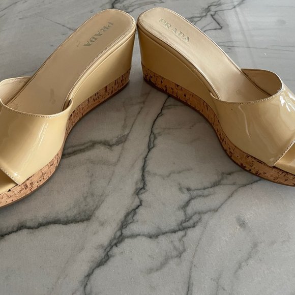 Prada Nude Vintage Slip On Patent Leather and Cork Wedge Sandals - GREAT COND. - Picture 6 of 12